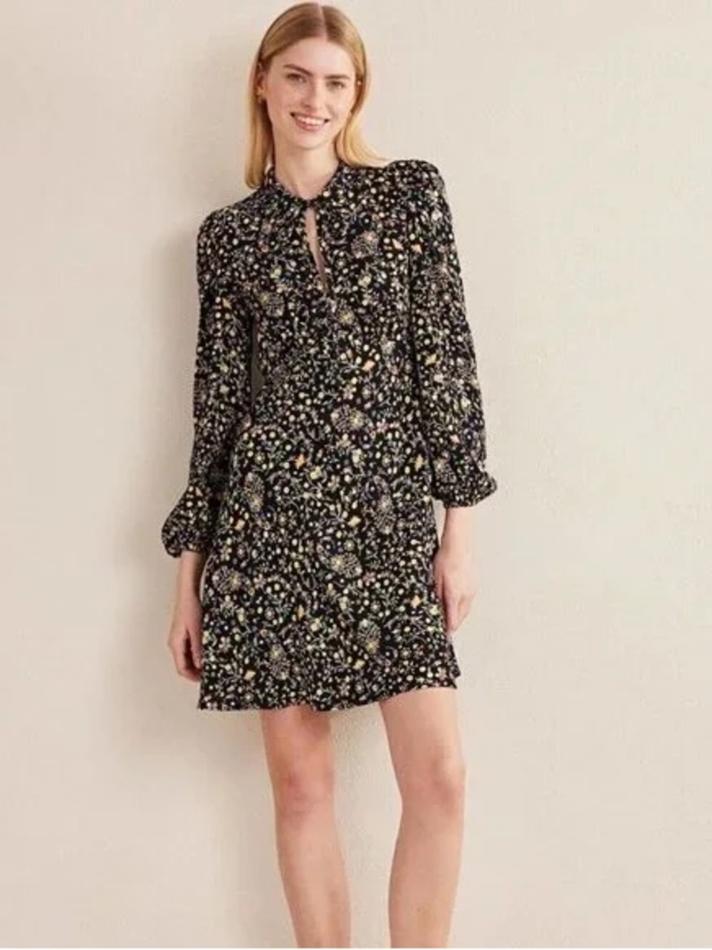 Boden Black Gardenia Floral Tie Neck Dress Viscose‎ Long Sleeve Midi Dress 16/18